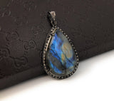 Labradorite Pendant, Gemstone Pendant, Diamond Pendant, Silver Pendant, Pave Diamond Pendant, Oxidized Silver Pendant, Gifts for Her