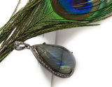 Labradorite Pendant, Gemstone Pendant, Diamond Pendant, Silver Pendant, Pave Diamond Pendant, Oxidized Silver Pendant, Gifts for Her