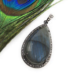 Labradorite Pendant, Gemstone Pendant, Diamond Pendant, Silver Pendant, Pave Diamond Pendant, Oxidized Silver Pendant, Gifts for Her