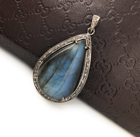 Labradorite Pendant, Gemstone Pendant, Diamond Pendant, Silver Pendant, Pave Diamond Pendant, Oxidized Silver Pendant, Gifts for Her