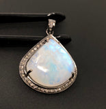 Moonstone Pendant, Gemstone Pendant, Diamond Pendant, Silver Pendant, Pave Diamond Pendant, Oxidized Silver Rainbow Moonstone Pendant