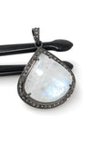Moonstone Pendant, Gemstone Pendant, Diamond Pendant, Silver Pendant, Pave Diamond Pendant, Oxidized Silver Rainbow Moonstone Pendant