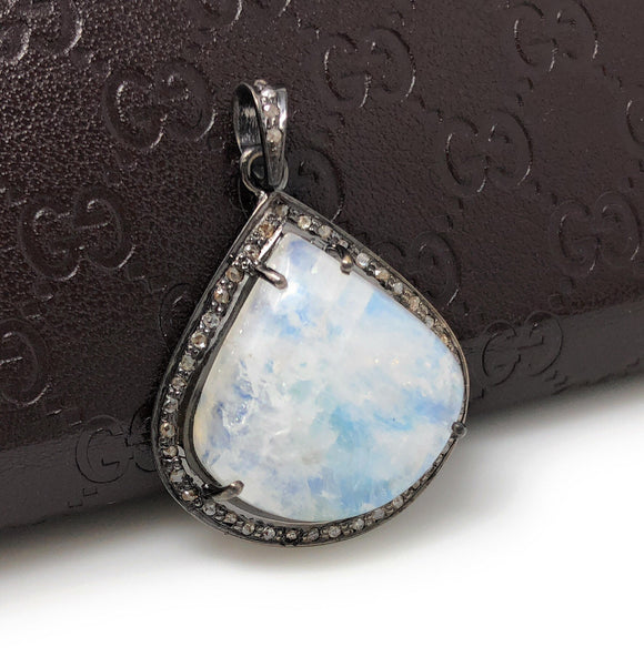 Moonstone Pendant, Gemstone Pendant, Diamond Pendant, Silver Pendant, Pave Diamond Pendant, Oxidized Silver Rainbow Moonstone Pendant