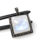 Moonstone Pendant, Gemstone Pendant, Diamond Pendant, Silver Pendant, Pave Diamond Pendant, Oxidized Silver Rainbow Moonstone Pendant