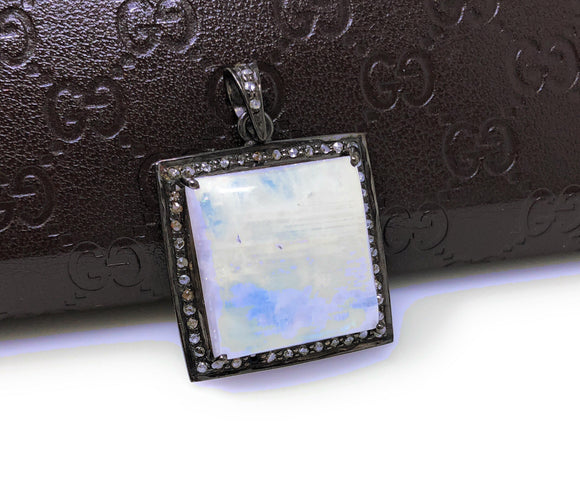 Moonstone Pendant, Gemstone Pendant, Diamond Pendant, Silver Pendant, Pave Diamond Pendant, Oxidized Silver Rainbow Moonstone Pendant