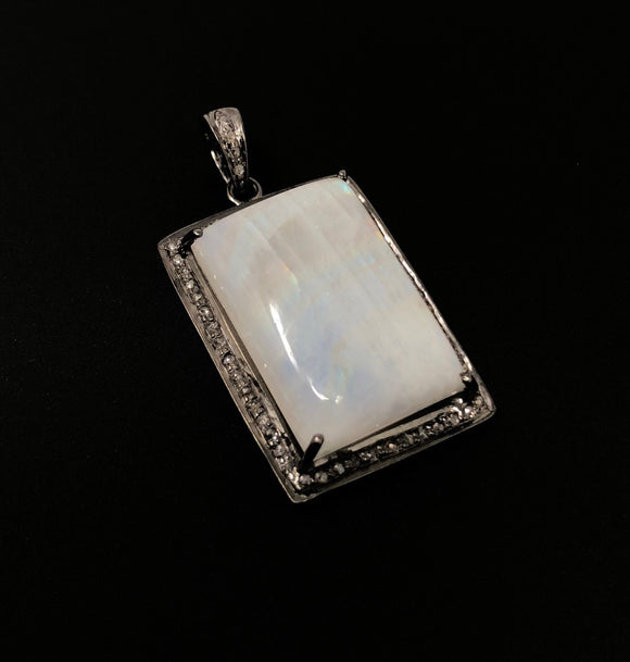Moonstone Pendant, Gemstone Pendant, Diamond Pendant, Silver Pendant, Pave Diamond Pendant, Oxidized Silver Rainbow Moonstone Pendant