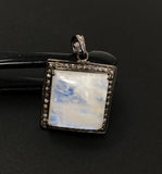 Moonstone Pendant, Gemstone Pendant, Diamond Pendant, Silver Pendant, Pave Diamond Pendant, Oxidized Silver Rainbow Moonstone Pendant
