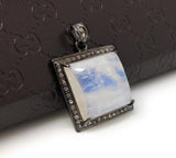 Moonstone Pendant, Gemstone Pendant, Diamond Pendant, Silver Pendant, Pave Diamond Pendant, Oxidized Silver Rainbow Moonstone Pendant