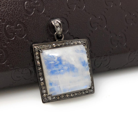 Moonstone Pendant, Gemstone Pendant, Diamond Pendant, Silver Pendant, Pave Diamond Pendant, Oxidized Silver Rainbow Moonstone Pendant