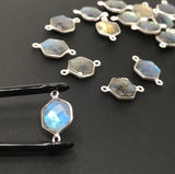Silver Labradorite Connectors, Natural Labradorite Double Bail Connectors, Bulk Connector Charms, 19.5x12.5mm, 13 Pcs