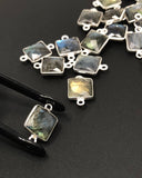 Natural labradorite connectors displayed on black background for premium jewelry making supplies