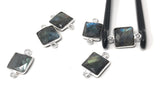 Macro view of natural labradorite gemstone connector showing labradorescence flash
