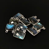 6 Pcs Labradorite Gemstone Connector, Sterling Silver Double Bail Connector Charms , 14x14mm
