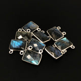 6 Pcs Labradorite Gemstone Connector, Sterling Silver Double Bail Connector Charms , 14x14mm