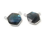 9 Pcs Labradorite Gemstone Sterling Silver Connectors, Hexagon Shape Double Bail Connectors for Jewelry Making, 16.5x15mm