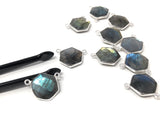 9 Pcs Labradorite Gemstone Sterling Silver Connectors, Hexagon Shape Double Bail Connectors for Jewelry Making, 16.5x15mm