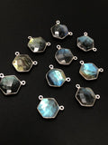9 Pcs Labradorite Gemstone Sterling Silver Connectors, Hexagon Shape Double Bail Connectors for Jewelry Making, 16.5x15mm