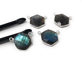 9 Pcs Labradorite Gemstone Sterling Silver Connectors, Hexagon Shape Double Bail Connectors for Jewelry Making, 16.5x15mm