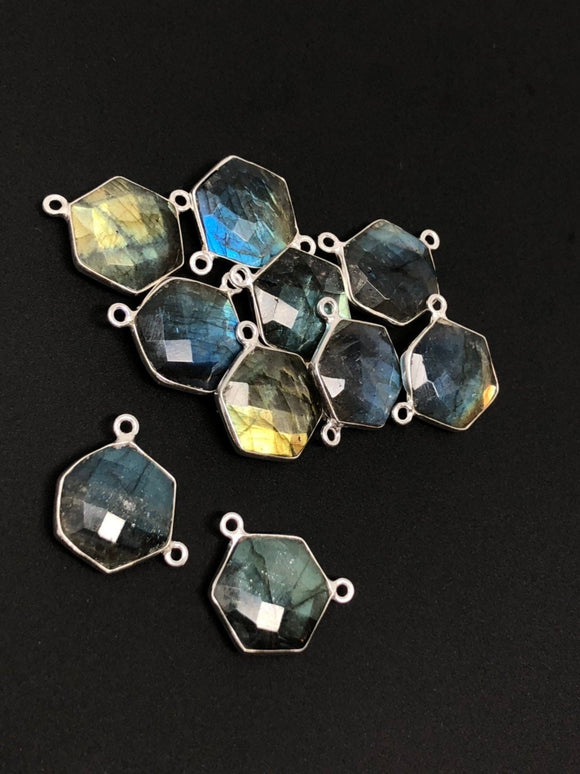 9 Pcs Labradorite Gemstone Sterling Silver Connectors, Hexagon Shape Double Bail Connectors for Jewelry Making, 16.5x15mm