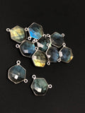 9 Pcs Labradorite Gemstone Sterling Silver Connectors, Hexagon Shape Double Bail Connectors for Jewelry Making, 16.5x15mm