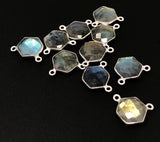 5Pcs Labradorite Gemstone Sterling Silver Connectors, Hexagon Shape Double Bail Connectors Charms for DIY Jewelry Making, 13x12mm