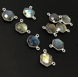 5Pcs Labradorite Gemstone Sterling Silver Connectors, Hexagon Shape Double Bail Connectors Charms for DIY Jewelry Making, 13x12mm