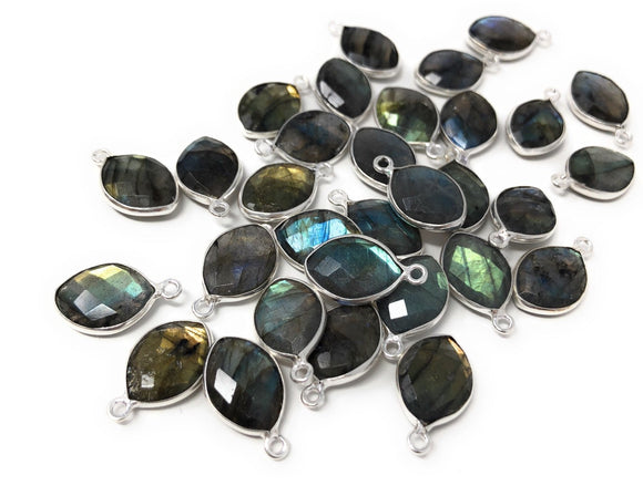 5 Pcs Labradorite Gemstone Charms, Sterling Silver Briolette Charms , Wholesale Jewelry Findings, Jewelry Making, Jewelry Supplies, 18x11mm