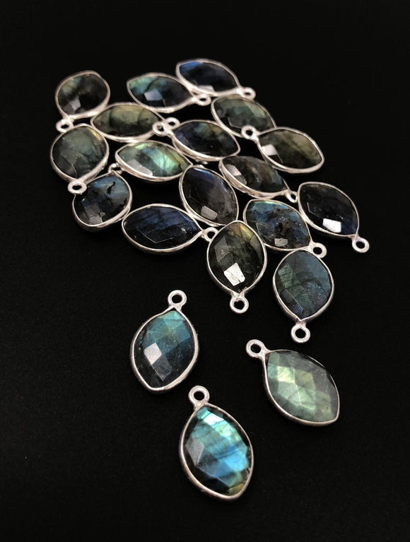 Wholesale Labradorite Gemstone Charms, Sterling Silver Charms, Jewelry Findings, Jewelry Making, Jewelry Supplies, 3 Pcs/4 Pcs, 15.5x9.5mm