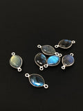Labradorite gemstone connectors showing double loop sterling silver setting for jewelry making on black background