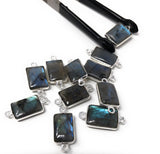 Labradorite Gemstone Connector, Sterling Silver Connectors Charms, Jewelry Findings for DIY Jewelry Making, 20x9mm, 5Pcs