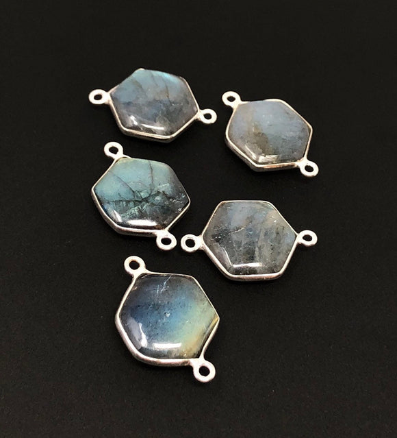 5Pcs Labradorite Gemstone Connector, Sterling Silver Connector Charms for Jewelry Making, 23x15mm
