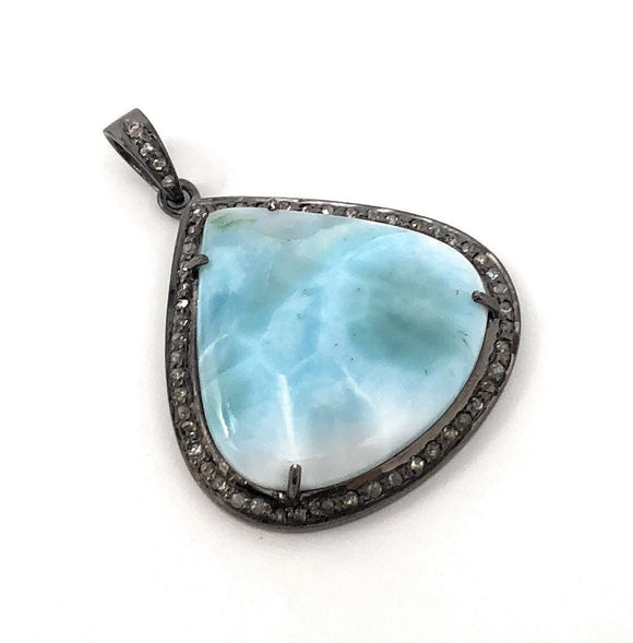Larimar Pendant, Gemstone Pendant, Diamond Pendant, Sterling Silver Gemstone Larimar Pave Diamond Pendant, 44.45x31.75mm