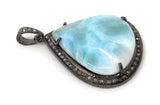 Larimar Pendant, Gemstone Pendant, Diamond Pendant, Sterling Silver Gemstone Larimar Pave Diamond Pendant, 44.45x31.75mm