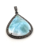 Larimar Gemstone Pendant, Sterling Silver Pave Diamond Pendant, Spiritual Healing Crystal Jewelry, Aura Energy Chakra December Birthstone