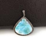 Larimar Pendant, Gemstone Pendant, Diamond Pendant, Sterling Silver Gemstone Larimar Pave Diamond Pendant, 44.45x31.75mm