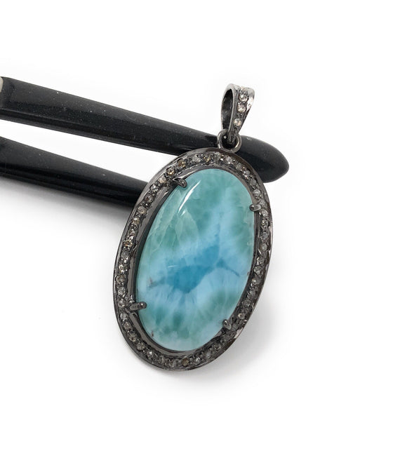Larimar Pendant, Gemstone Pendant, Silver Pendant, Natural Larimar, Diamond Pendant, Pave Diamond Pendant, Sterling Silver Pendant, DIY