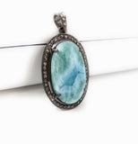 Larimar Pendant, Gemstone Pendant, Silver Pendant, Natural Larimar, Diamond Pendant, Pave Diamond Pendant, Sterling Silver Pendant, DIY