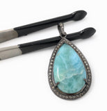 Larimar Pendant, Gemstone Pendant, Silver Pendant, Natural Larimar, Diamond Pendant, Pave Diamond Pendant, Sterling Silver Pendant, DIY