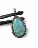 Larimar Pendant, Gemstone Pendant, Silver Pendant, Natural Larimar, Diamond Pendant, Pave Diamond Pendant, Sterling Silver Pendant, DIY