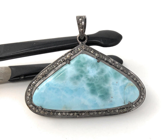 Larimar Pendant, Gemstone Pendant, Silver Pendant, Natural Larimar, Diamond Pendant, Pave Diamond Pendant, Sterling Silver Pendant, DIY