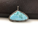Larimar Gemstone Pendant, Natural Larimar Pave Diamond Pendant, Sterling Silver Pendant, Dominican Republic Larimar Jewelry
