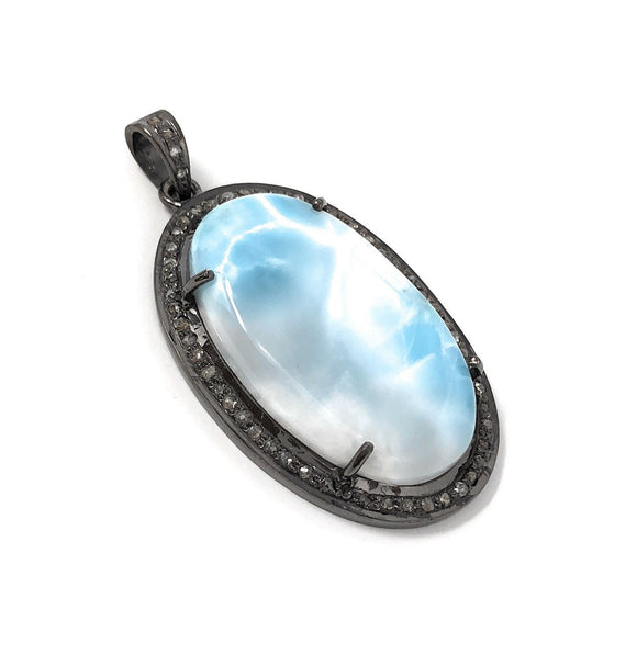 Larimar Pendant, Gemstone Pendant, Silver Pendant, Natural Larimar, Diamond Pendant, Pave Diamond Pendant, Sterling Silver Pendant, DIY