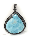 Larimar Pendant, Gemstone Pendant, Silver Pendant, Natural Larimar, Diamond Pendant, Pave Diamond Pendant, Sterling Silver Pendant, 38x27mm