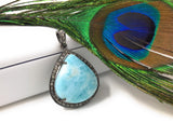 Larimar Pendant, Gemstone Pendant, Silver Pendant, Natural Larimar, Diamond Pendant, Pave Diamond Pendant, Sterling Silver Pendant, 38x27mm
