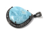 Larimar Pendant, Gemstone Pendant, Silver Pendant, Natural Larimar, Diamond Pendant, Pave Diamond Pendant, Sterling Silver Pendant, 38x27mm