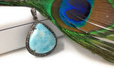 Larimar Pendant, Gemstone Pendant, Silver Pendant, Natural Larimar, Diamond Pendant, Pave Diamond Pendant, Sterling Silver Pendant, 38x27mm
