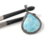 Larimar Pendant, Gemstone Pendant, Silver Pendant, Natural Larimar, Diamond Pendant, Pave Diamond Pendant, Sterling Silver Pendant, 38x27mm
