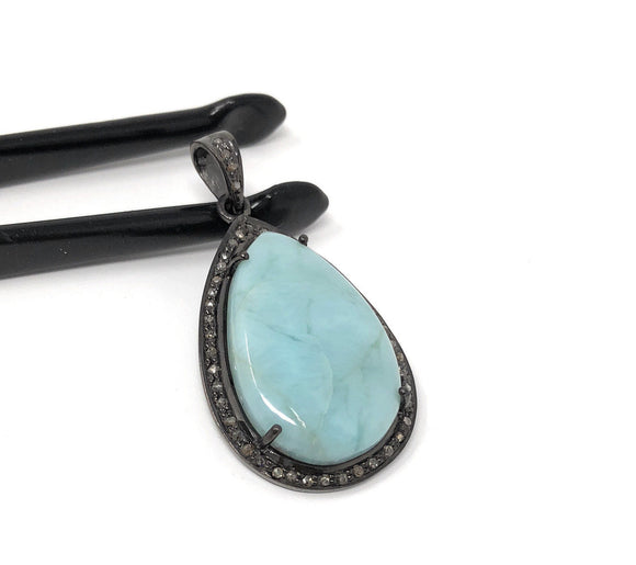 Larimar Pendant, Gemstone Pendant, Silver Pendant, Natural Larimar, Diamond Pendant, Pave Diamond Pendant, Sterling Silver Pendant, DIY