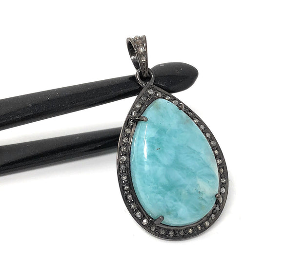 Larimar Gemstone Pendant, Sterling Silver Pave Diamond Pendant, Gemstone Jewelry, Bohemian Pendant, Gifts for Her