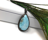 Larimar Pendant, Gemstone Pendant, Silver Pendant, Natural Larimar, Diamond Pendant, Pave Diamond Pendant, Sterling Silver Pendant, DIY